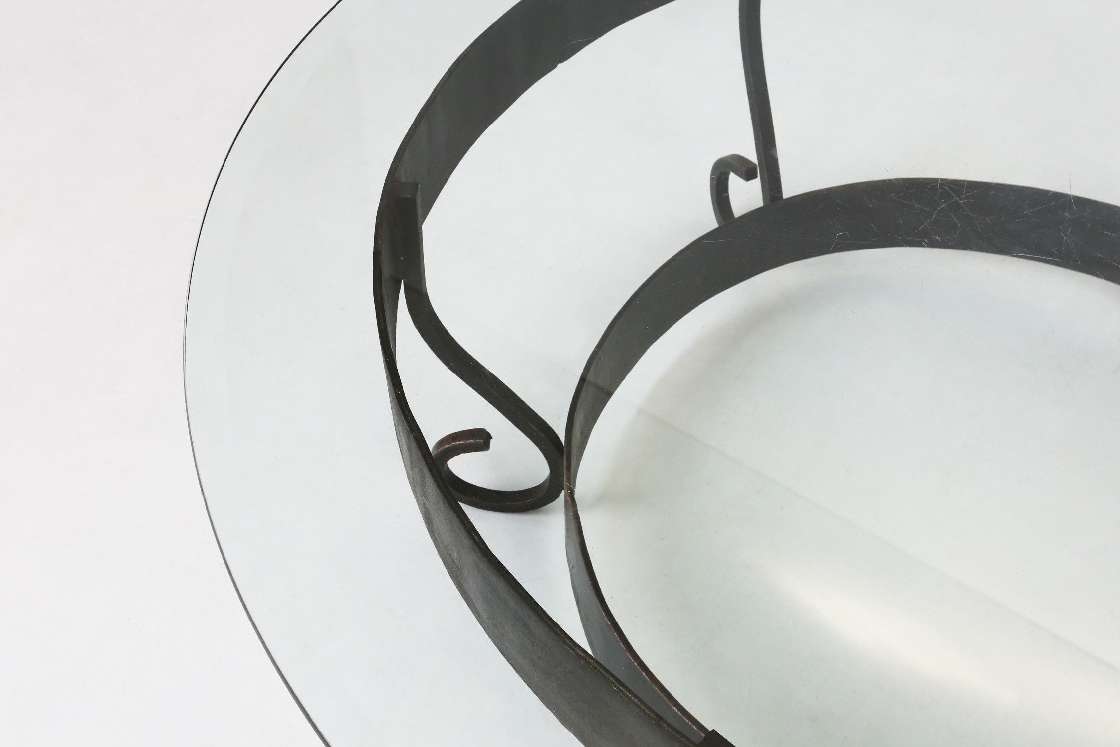 Rustic Round Coffee Table with Wrought Iron Base and Glass Top, France, 1930sthumbnail